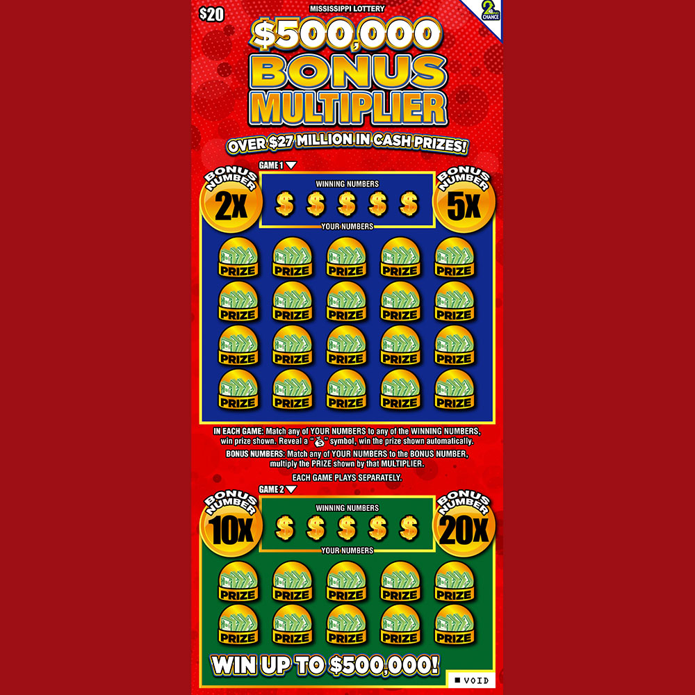 $500,000 Bonus Multiplier scratch-off game by the Mississippi Lottery